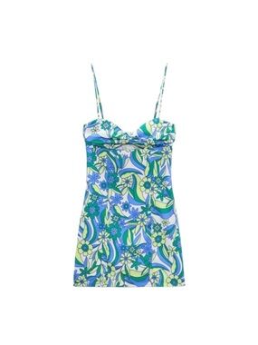 Zara Floral Cutout Slip Dress in Blue-Green Print